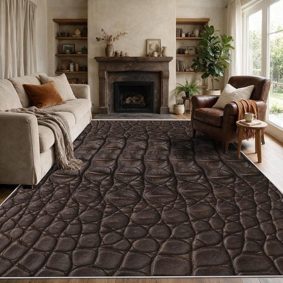 Crocodile Skin Area Rugs, Brown Alligator Pattern Carpet, Washable Non Slip Low Pile Soft Rug for Living Room Bedroom Decor Mat 2x3ft