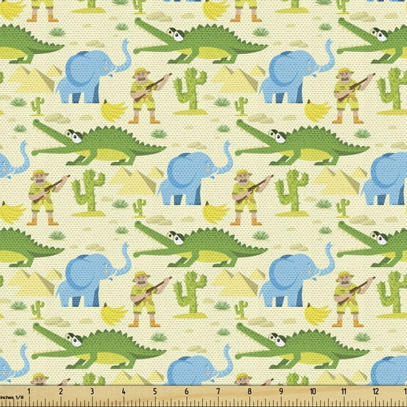Ambesonne Crocodile Fabric by the Yard Upholstery, Pattern of Wildlife, 10 Yards, Cream Multicolor