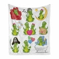 thumbnail image 1 of Crocodile Soft Flannel Fleece Throw Blanket, Characters in Action Balloons Flowers and Hearts Cartoon Theme, Cozy Plush for Indoor and Outdoor Use, 70" x 90", Lime Green Multicolor, by Ambesonne, 1 of 5
