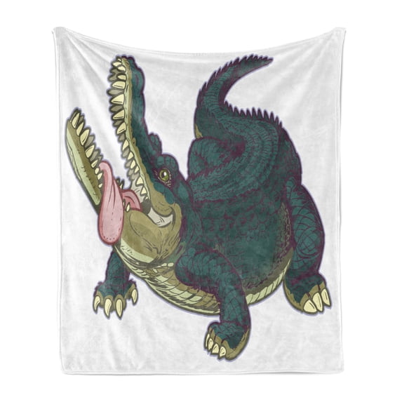 Crocodile Soft Flannel Fleece Throw Blanket, Computer Graphics of a Wild and Fierce Alligator with Sharp Teeth and Tongue, Cozy Plush for Indoor and Outdoor Use, 50" x 70", Multicolor, by Ambesonne