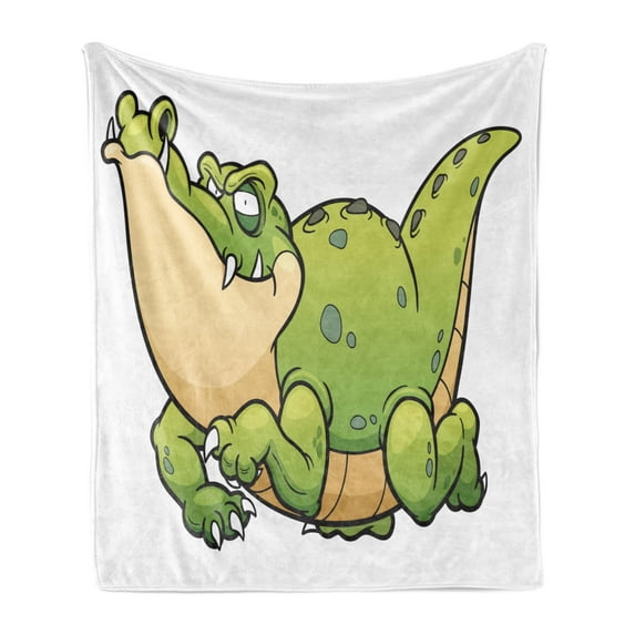 Crocodile Soft Flannel Fleece Throw Blanket, Digitally Generated Beefy Alligator, Cozy Plush for Indoor and Outdoor Use, 50" x 60", Apple Green White, by Ambesonne