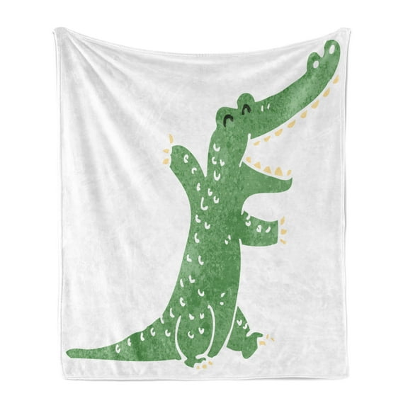 Crocodile Soft Flannel Fleece Throw Blanket, Pattern of a Funky Creature Laughing on a Plain Background, Cozy Plush for Indoor and Outdoor Use, 50" x 60", Peacock Green Beige, by Ambesonne