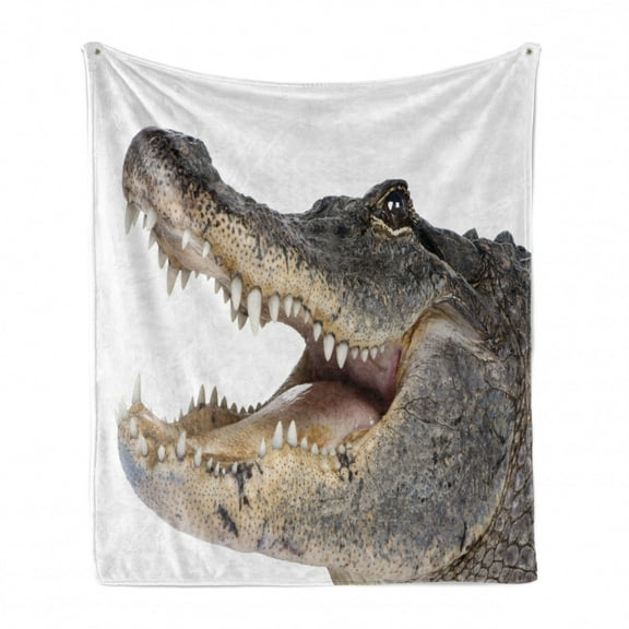 Crocodile Soft Flannel Fleece Throw Blanket, Picturesque of an American Alligator with Mouth Open, Cozy Plush for Indoor and Outdoor Use, 50" x 60", Grey Dark Grey, by Ambesonne