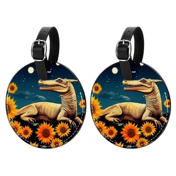 Crocodile Starry Sky Sunflower 2pcs PU Leather Round Bag Tags with Privacy Cover and Name ID Tag - Suitcase Tags for Travel Luggage, Handbags, Backpacks, School Bags