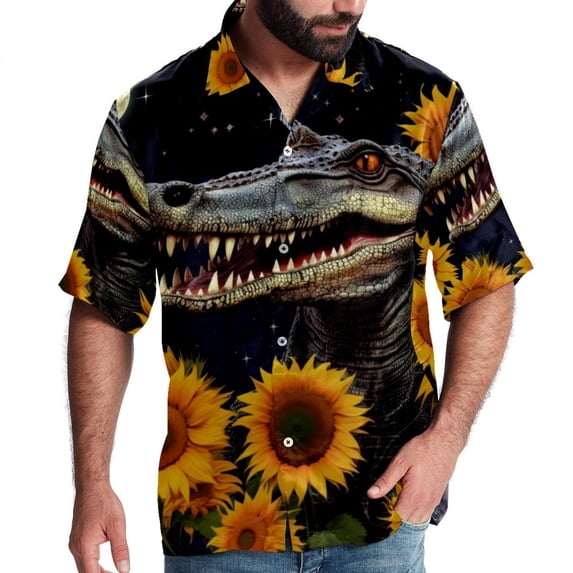 Crocodile Starry Sky Sunflower Men's Casual Hawaiian Button Down Short Sleeve Summer Beach Printed Shirt