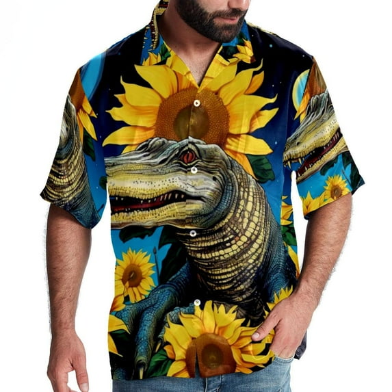 Crocodile Starry Sky Sunflower Men's Casual Printed Button Down Short Sleeve Poplin Hawaiian Beach Shirt with Spread Collar Tops