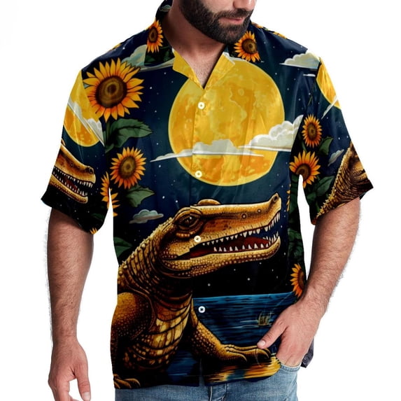 Crocodile Starry Sky Sunflower Men's Short Sleeve Beach Shirts, Casual Button Down Poplin Printed Summer Tops - Unisex