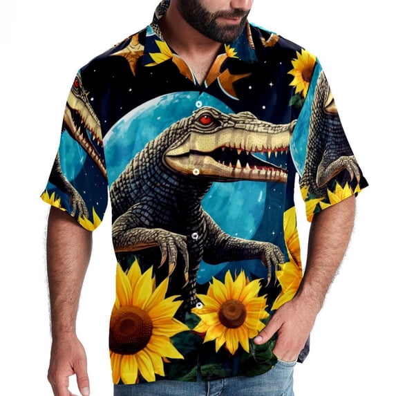 Crocodile Starry Sky Sunflower Men's Short Sleeve Button Down Hawaiian Shirts for Summer Beach Casual Printed Style