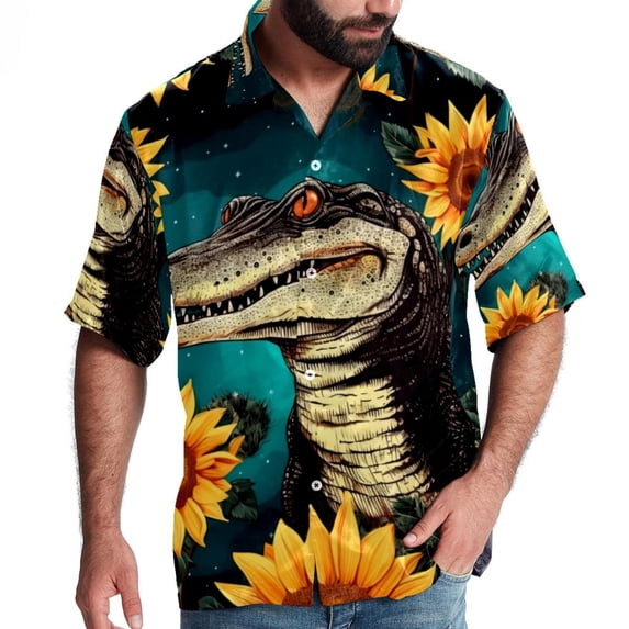 Crocodile Starry Sky Sunflower Men's Short Sleeve Hawaiian Shirt, Casual Printed Button Down Beach Tops for Summer, Spread Collar Mens Shirts Unisex