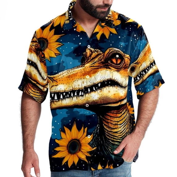 Crocodile Starry Sky Sunflower Men's Short Sleeve Poplin Shirt with Spread Collar Tops, Casual Printed Button Down, Summer Beach Shirt for Men - Unisex, Stylish Men's Shirts