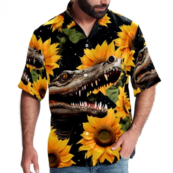 Crocodile Starry Sky Sunflower Men's Short Sleeve Printed Button Down Beach, Casual, Poplin Shirts for Summer Vacation