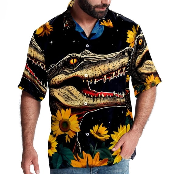 Crocodile Starry Sky Sunflower Men's Short Sleeve Shirts, Casual, Printed, Button Down Short, Summer Beach Shirts, Unisex