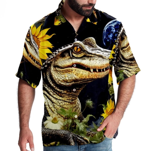 Crocodile Starry Sky Sunflower Men's Short Sleeve Spread Collar Poplin Button Down Casual Printed Summer Beach Unisex Shirts