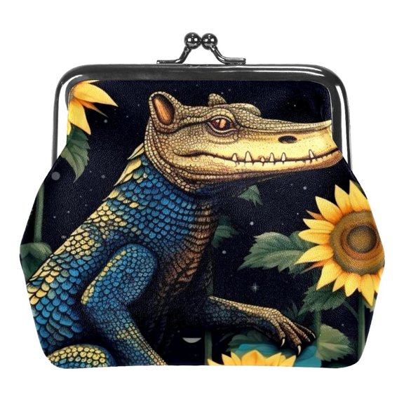 Crocodile Starry Sunflower Coin Purse Vintage Pouch Buckle Clutch Bag Kiss-Lock Change Purse Clasp Closure Wallets for Women Girl