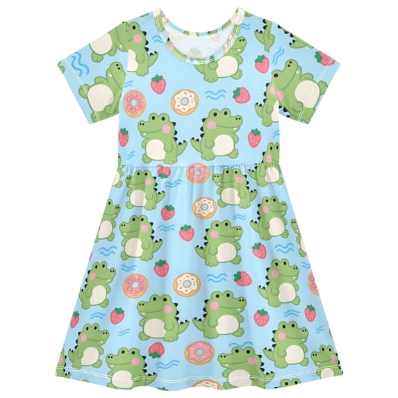 Crocodile Strawberry Donut Short Sleeve Dress A-Line Cute Midi Casual Sundress 2-8 Years