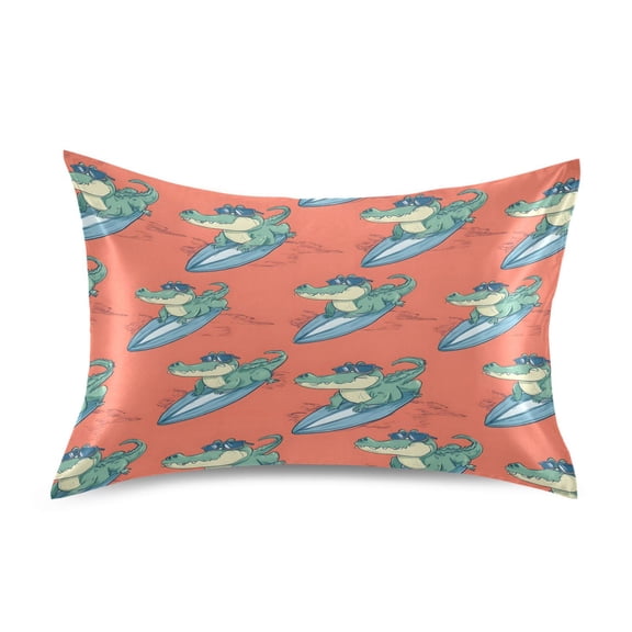 Crocodile Surfing Pattern Pillowcase King Size 40''x20'' Satin Double-Sided Print Soft Wrinkle Resistant