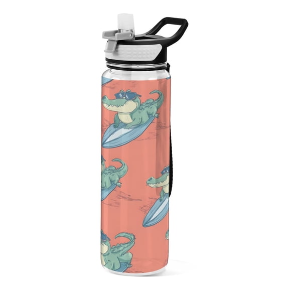 Crocodile Surfing Pattern Sport Water Bottle Tritan with Straw 1000ml Portable for Outdoor Daily Use