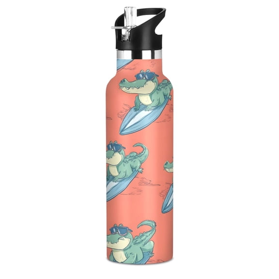 Crocodile Surfing Pattern Sport Water Bottle for Kids Insulated with Straw for School Outdoor Daily Use