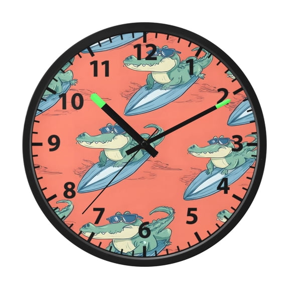 Crocodile Surfing Pattern Wall Clock 12 Inch Voice Activated Night Light Silent Non Ticking