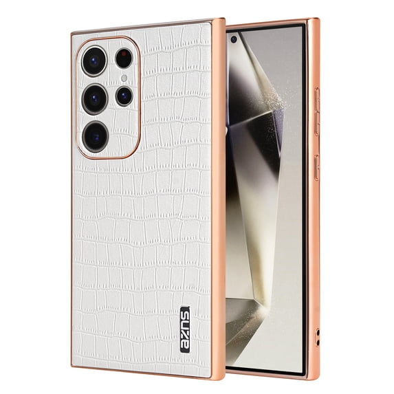 Crocodile Texture PU Leather Cover for Samsung Galaxy S23 Ultra, All-Inclusive Camera Lens Protection (without Lens Film) Case Luxury Plating Slim Fit Anti-Fall Plating Frame Phone Case, White
