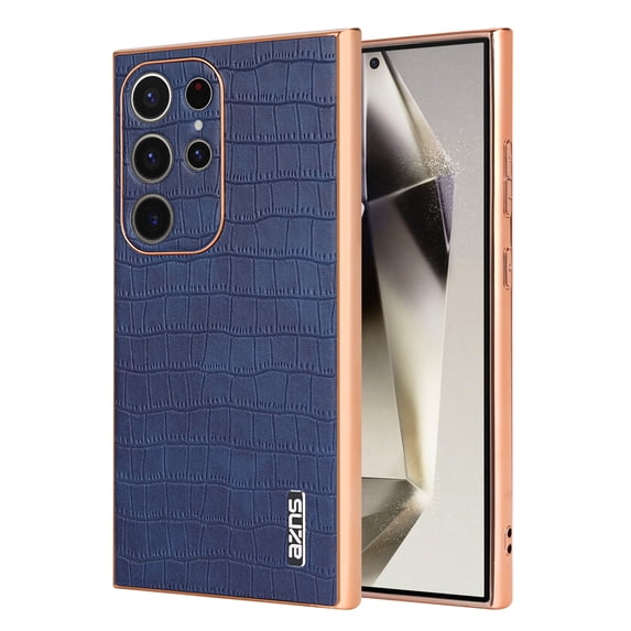 Crocodile Texture PU Leather Cover for Samsung Galaxy S23 Ultra, All-Inclusive Camera Lens Protection (without Lens Film) Case Luxury Plating Slim Fit Anti-Fall Plating Frame Phone Case, Blue