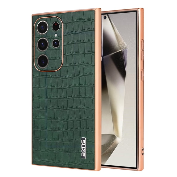 Crocodile Texture PU Leather Cover for Samsung Galaxy S25 Ultra, All-Inclusive Camera Lens Protection (without Lens Film) Case Luxury Plating Slim Fit Anti-Fall Plating Frame Phone Case, Green