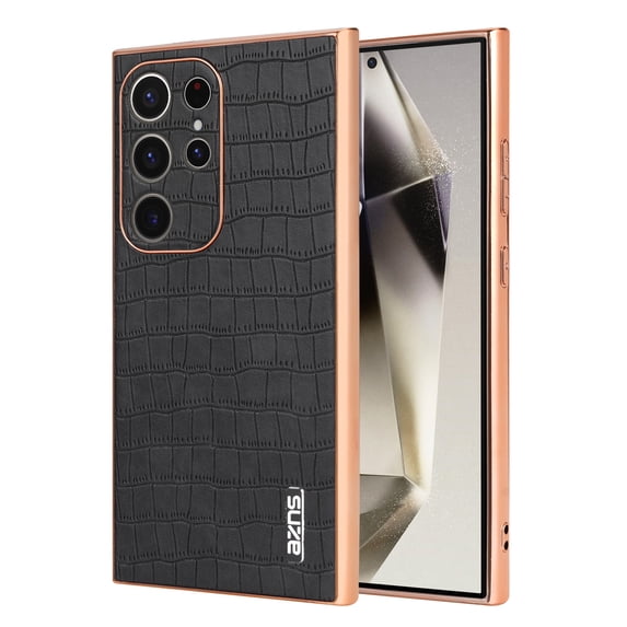 Crocodile Texture PU Leather Cover for Samsung Galaxy S25 Ultra, All-Inclusive Camera Lens Protection (without Lens Film) Case Luxury Plating Slim Fit Anti-Fall Plating Frame Phone Case, Black