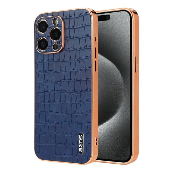 Crocodile Texture PU Leather Cover for iPhone 16 Plus, All-Inclusive Camera Lens Protection (without Lens Film) Case Luxury Plating Slim Fit Anti-Fall Plating Frame Phone Case, Blue