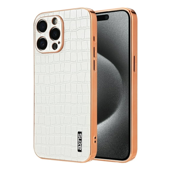 Crocodile Texture PU Leather Cover for iPhone 16 Plus, All-Inclusive Camera Lens Protection (without Lens Film) Case Luxury Plating Slim Fit Anti-Fall Plating Frame Phone Case, White