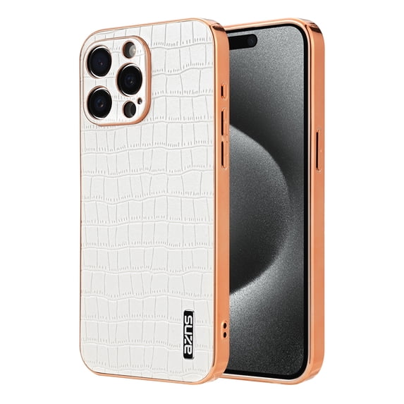 Crocodile Texture PU Leather Cover for iPhone 16 Plus, All-Inclusive Camera Lens Protection (without Lens Film) Case Luxury Plating Slim Fit Anti-Fall Plating Frame Phone Case, White