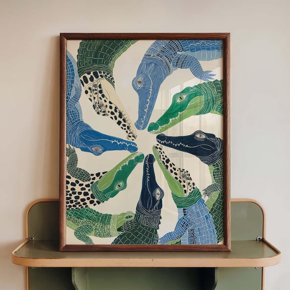 Crocodile Wall Art Print, Alligator Poster, Blue Green Reptile for Bathroom Office Decor, Poster Only