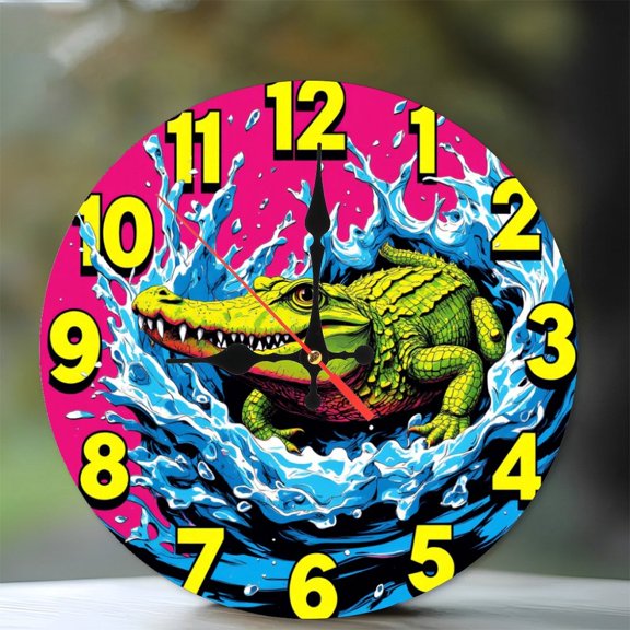 Crocodile Wall Clock 10-Inch Silent Wooden Wall Clock, Battery Operated (AA Batteries Not Included), Artistic Home Decor