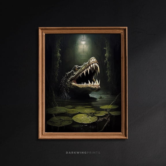 Crocodile In The Wildlife, Green Witch Print, Cottagecore Prints, Witchy Room Decor, Dark Animal Wall Art, Gothic , G118 Home Decor #2000, 12x18 UNFRAMED