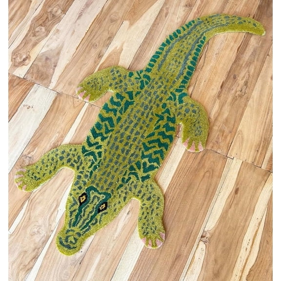 Crocodile Wool Area Rug – Handmade 100% Wool with Lifelike Crocodile Inspired Animal Print Design – Premium and Durable Doormat for Home Décor (Grass, 2' x 3')
