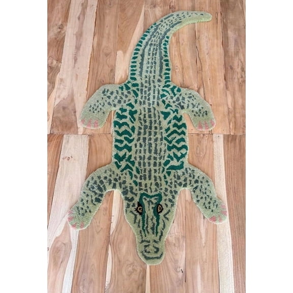 Crocodile Wool Area Rug – Handmade 100% Wool with Lifelike Crocodile Inspired Animal Print Design – Premium and Durable Doormat for Home Décor (Light Green, 3' x 5')