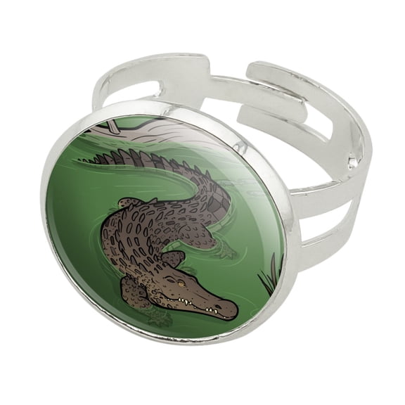 Crocodile in Swamp Silver Plated Adjustable Novelty Ring