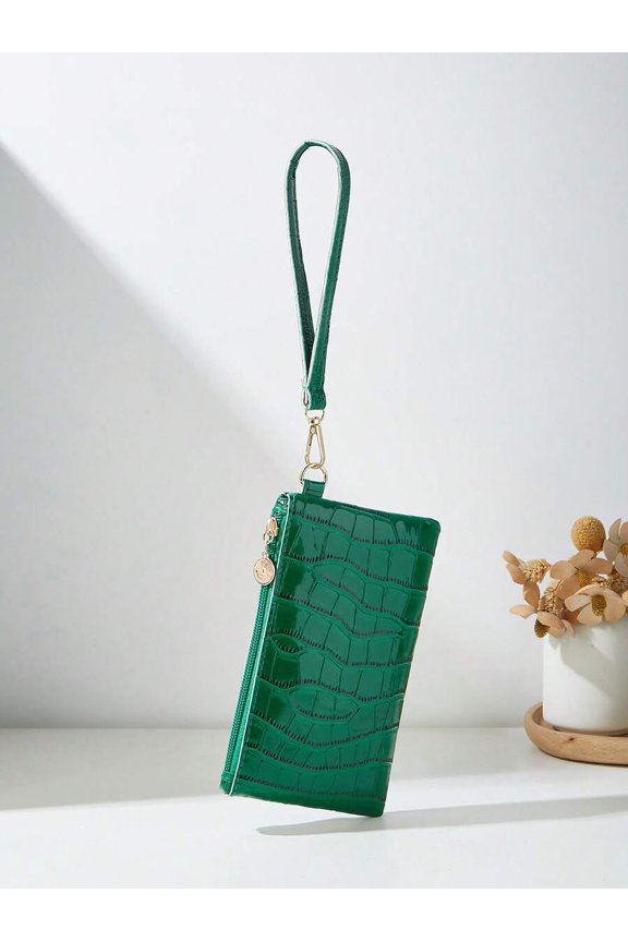 Crocodile patterned Green Green Croc-Embossed Clutch Handheld Phone Wallet