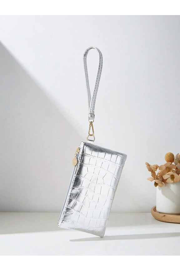Crocodile patterned Silver Silver Croc-Embossed Clutch Handheld Phone