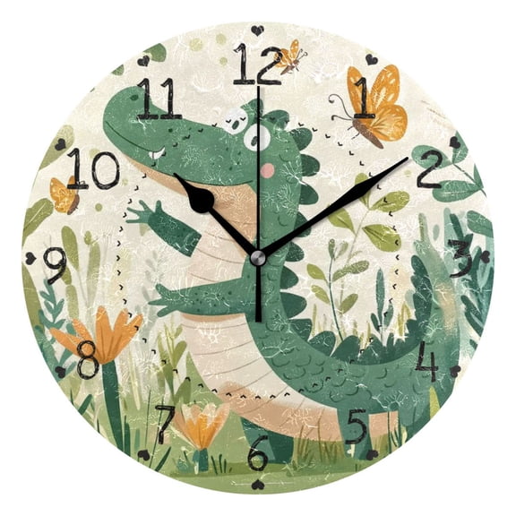 Crocodile with Butterflies Round Wall Clock Silent Battery Operated Home Decor for Living Room Bedroom