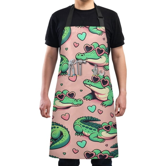 Crocodiles with Heart Glasses Kitchen Apron with 2 Pockets Adjustable waterproof Cooking Aprons for Women Men Chef