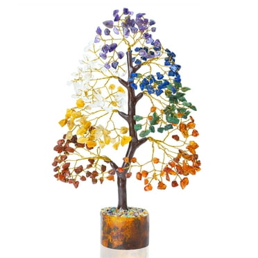 Crocon Seven Chakra Natural Healing Gemstone Crystal Bonsai Fortune Money Tree for Good Luck, Wealth & Prosperity-Home Office Decor Spiritual Gift (with Golden Wire and 300 Beads) Size 10-12 Inches