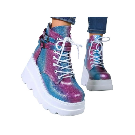 Crocowalk Boots for Women Combat Wedge Chunky Platform Boots Square Toe Lace up Zip High Heel Women Booties