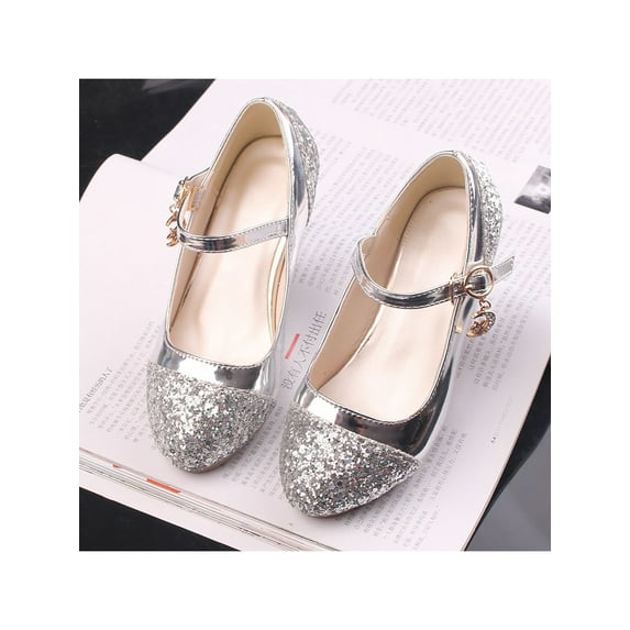 Crocowalk Girls Dress Shoes Non Slip Mary Jane Fashion Dress Shoes Pumps Party Sequins Buckle Dance Shoes Silver 8C