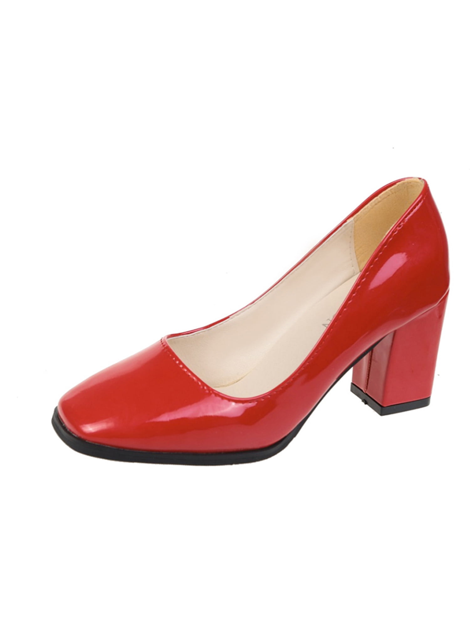 Crocowalk Ladies Comfort Chunky Block Heel Heeled Shoe Wedding Anti-Slip Square Toe High Heels Fashion Slip On Dress Pump Shoes Red 6.5