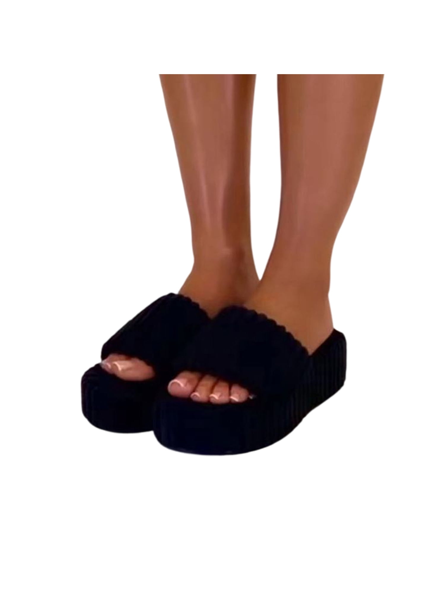 Crocowalk Ladies Platform Sandal Corduroy Sandals Slip On Fuzzy Slides Womens Casual Shoes