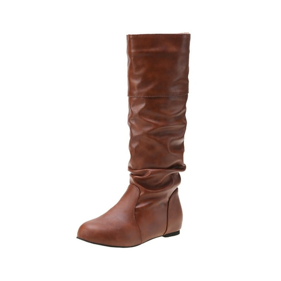 Crocowalk Ladies Slouchy Mid Calf Boots Pull On Winter Shoes Round Toe Flat Boot Women Walking Comfort Stretchy Brown 5