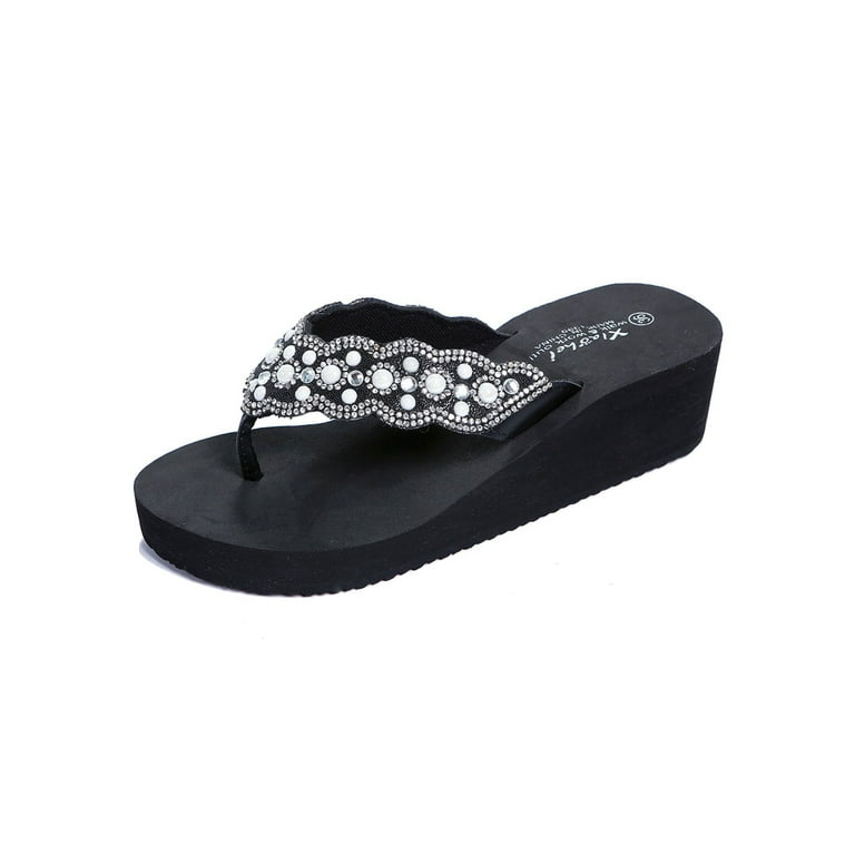 Crocowalk Wedge Flip Flops for Women's Clip Toe Thong Sandals Summer Beach  Rhinestone Wedding Shoes With Bling for Ladies