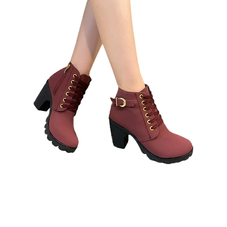 Women's Red Wine Colored Booties - Block Heels