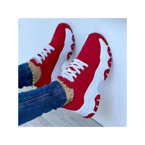 Crocowalk Women Casual Shoes Lace Up Walking Shoe Round Toe Sneakers Womens Trainers Outdoor Thick Sole Platform Red 5.5