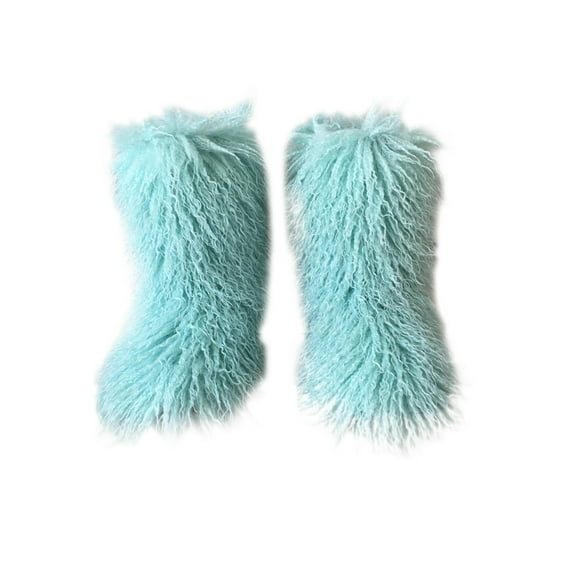 Crocowalk Women Non Slip Plush Winter Warm Shoes Casual Comfortable Flat Fuzzy Snow Boots Cozy Faux Fur Mid Calf Boot Green Blue 7.5